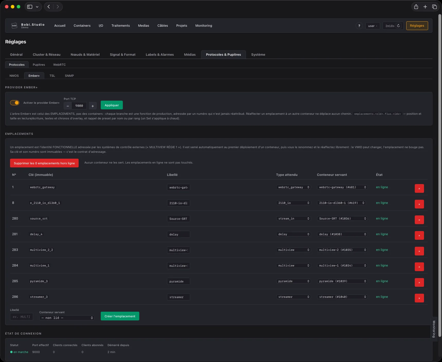 Réglages : provider Ember+ et table des emplacements de production