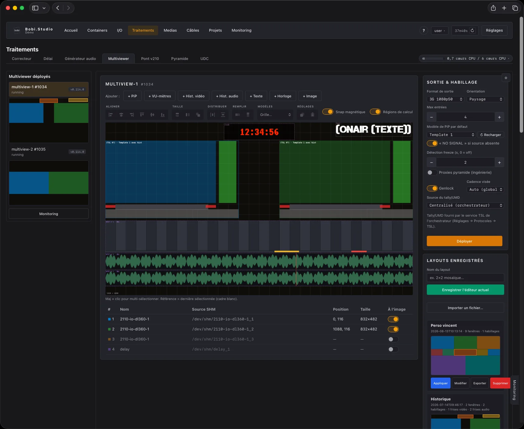 Composeur de multiview : fenêtres, horloge, texte tally, VU-mètres et frises audio
