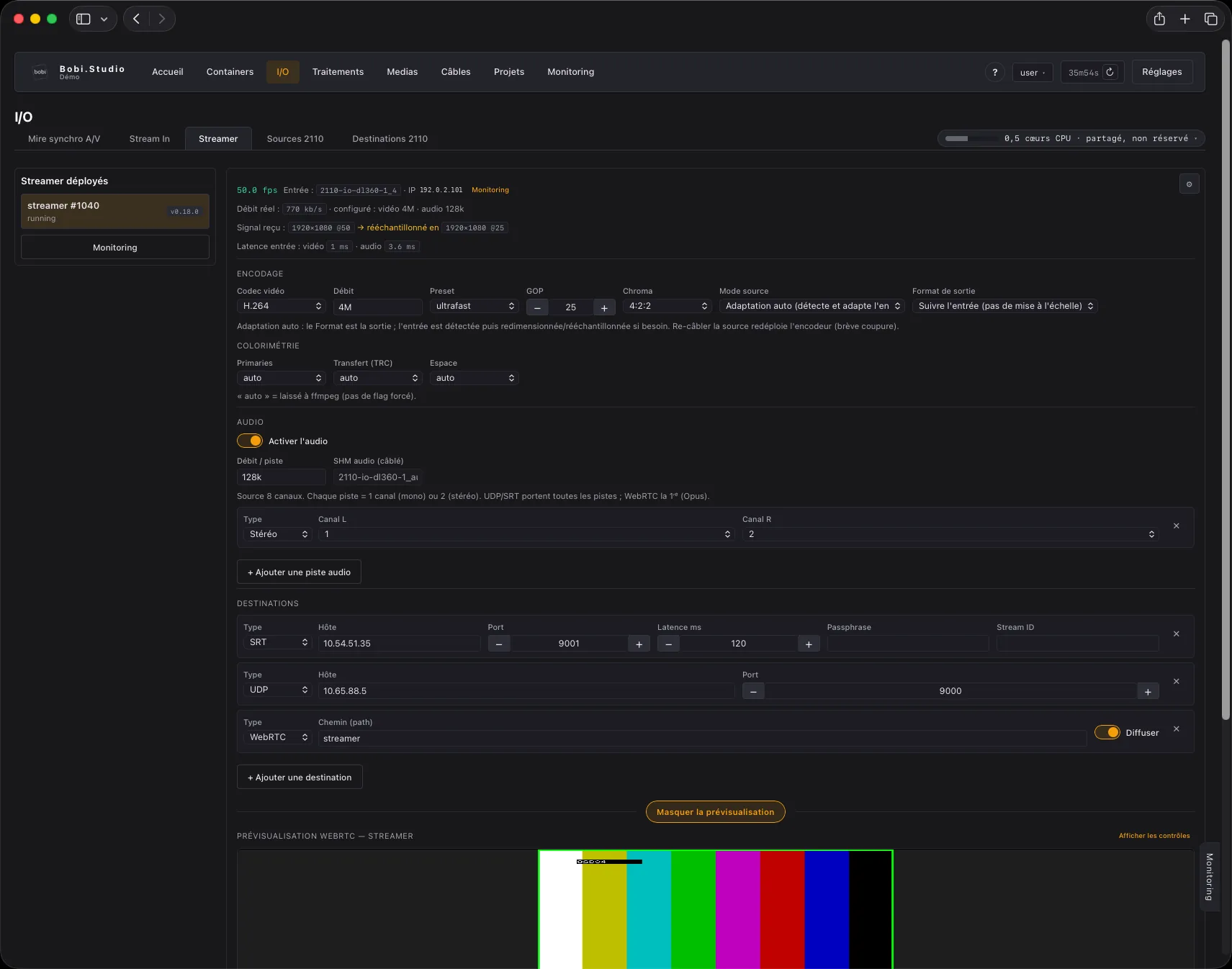 Page Streams : encodage, pistes audio, destinations SRT, UDP et WebRTC, prévisualisation